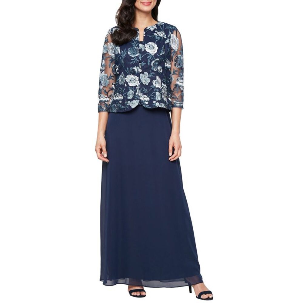 Alex Evenings Womens Petite Stretch Tulle Jacket Dress 8 Navy Multi - NWT $249